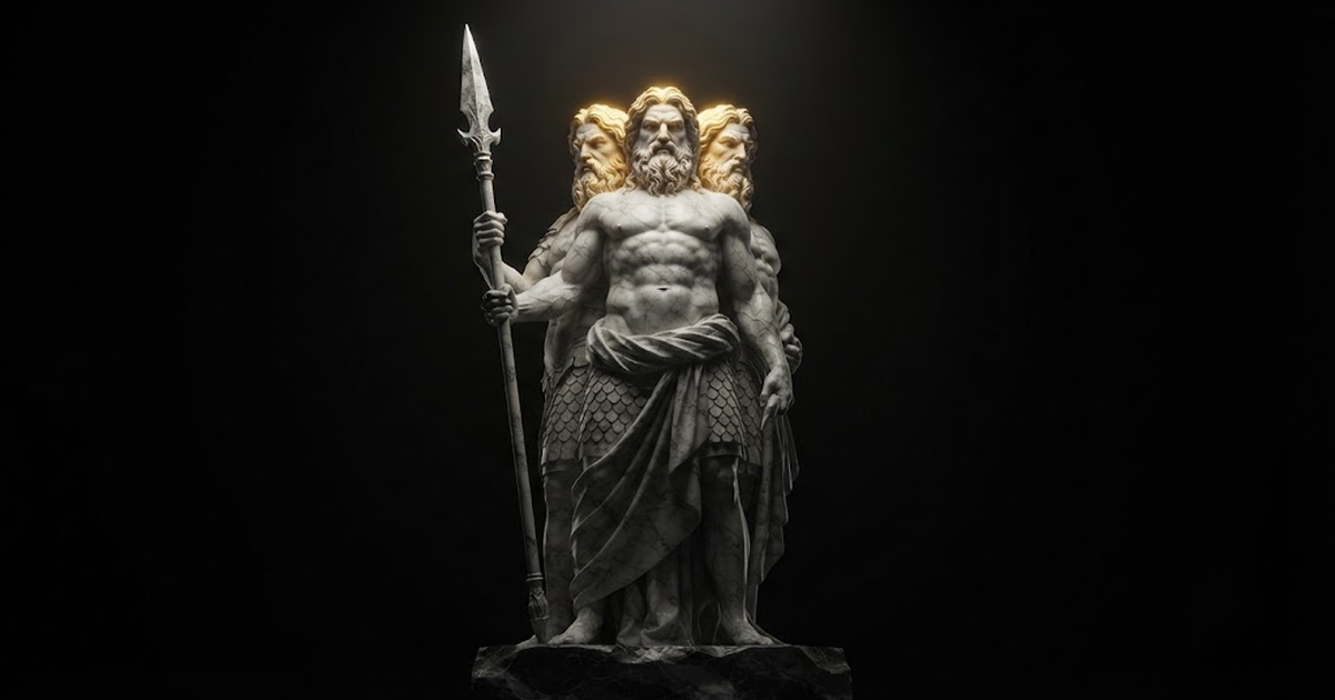 A colossal marble figure of a three-bodied warrior standing guard in unison, gold light across three torsos