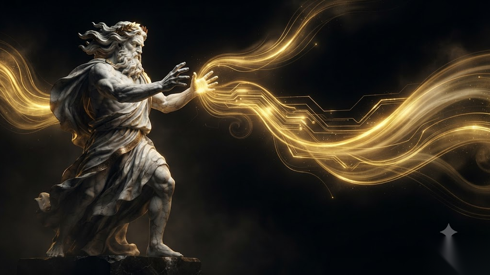 AEOLUS, a Mickai cooperative brain rendered as a Greek figure in gold and marble