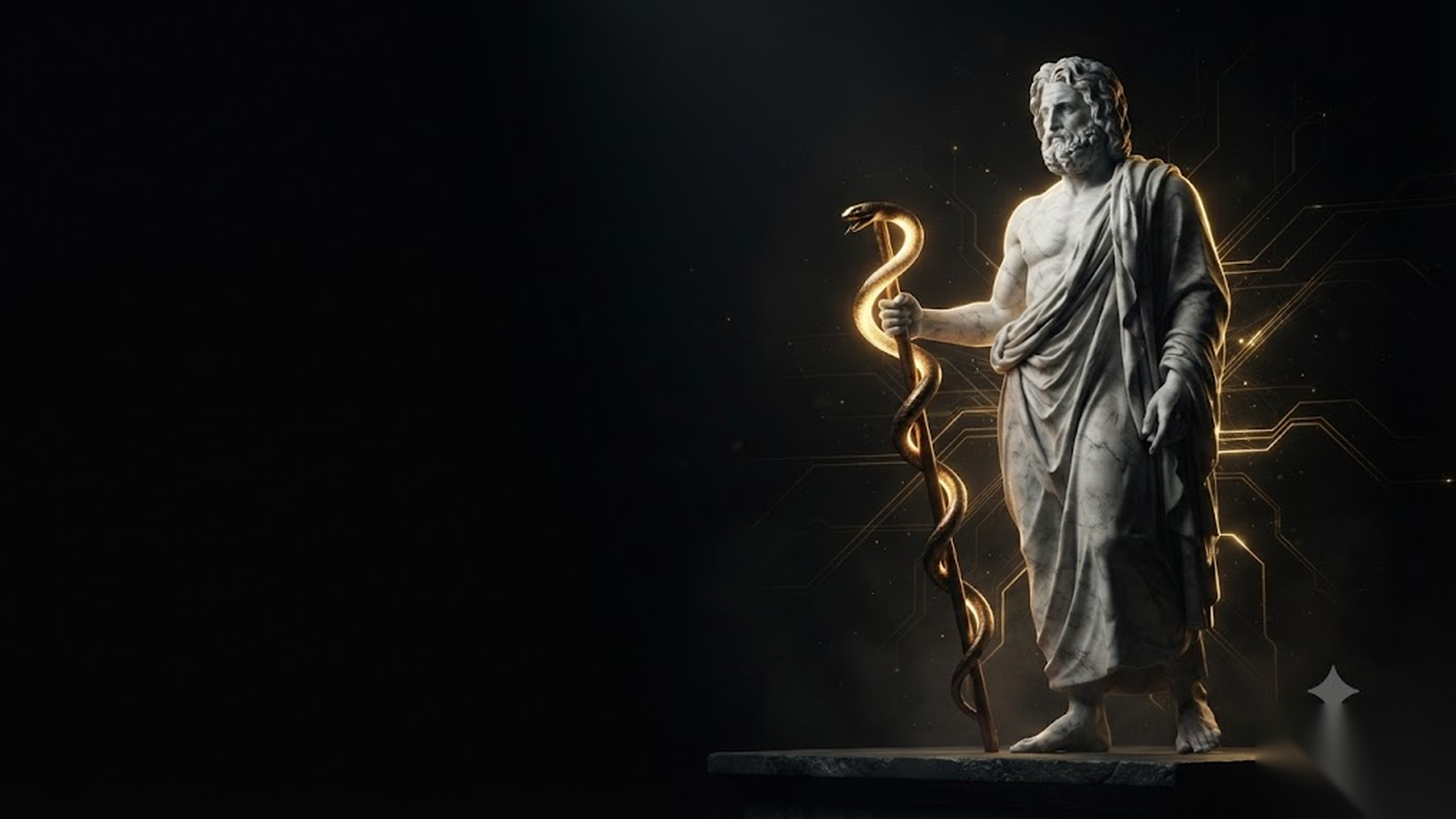 AESCULAPIUS, a Mickai cooperative brain rendered as a Greek figure in gold and marble