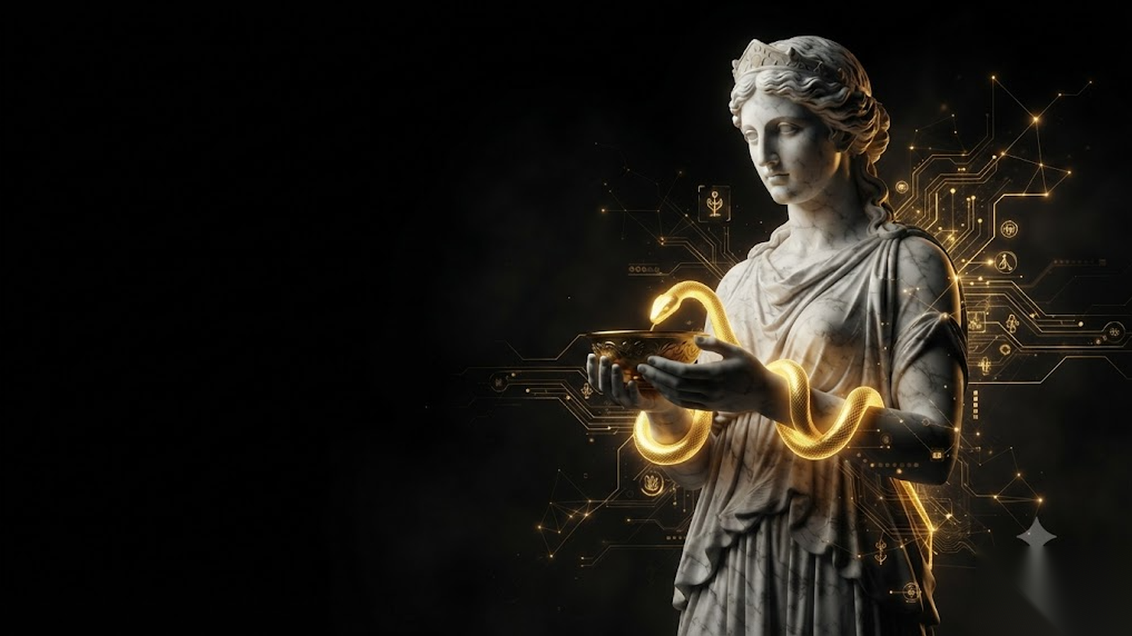 HYGEIA, a Mickai cooperative brain rendered as a Greek figure in gold and marble