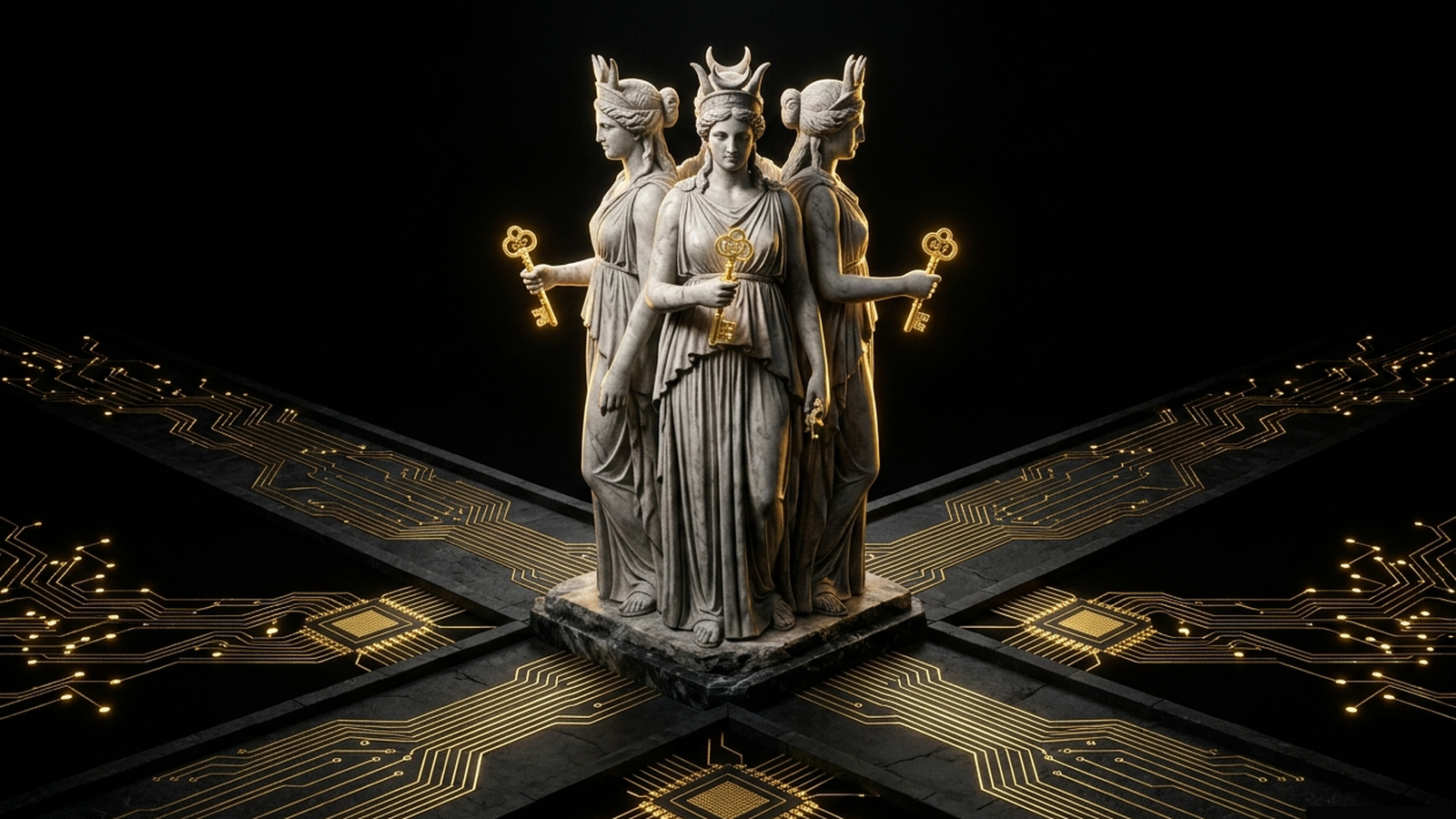 IDENTITY, a Mickai cooperative brain rendered as a Greek figure in gold and marble