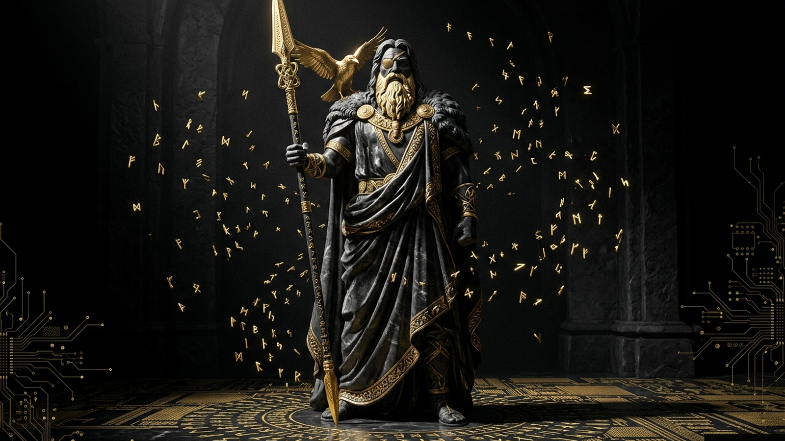 ODIN, a Mickai cooperative brain rendered as a Greek figure in gold and marble