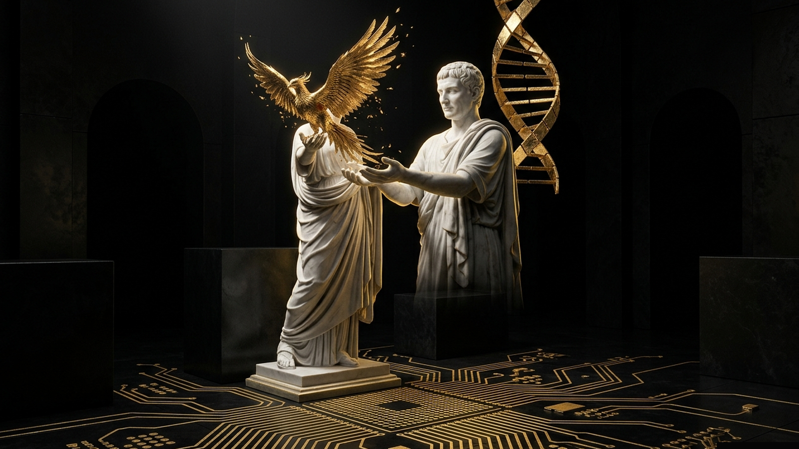 PHOENIX, a Mickai cooperative brain rendered as a Greek figure in gold and marble