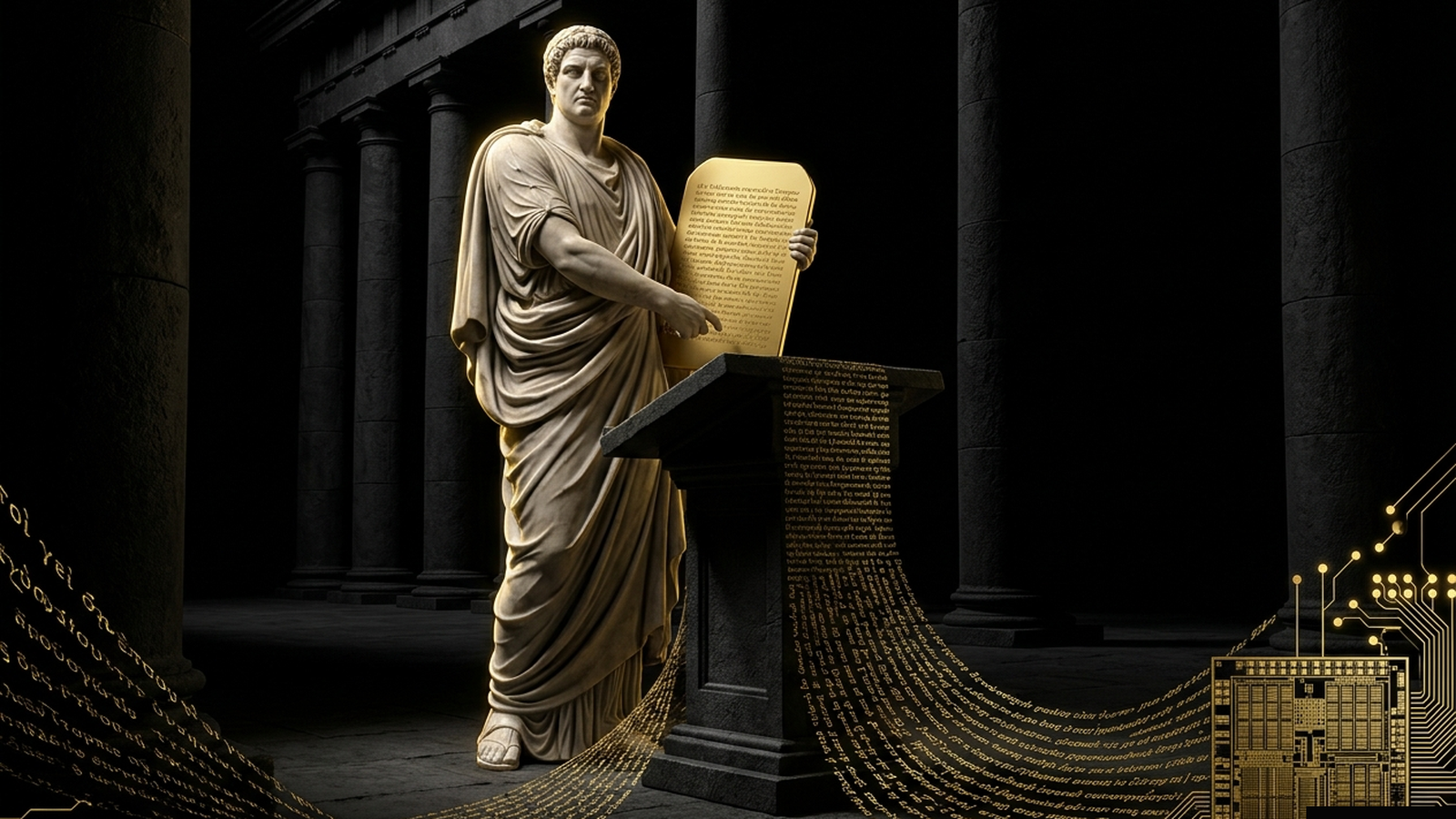 POLICY, a Mickai cooperative brain rendered as a Greek figure in gold and marble
