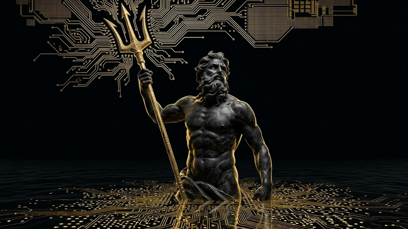 Poseidon, the silicon substrate beneath the Mickai cooperative, rendered as an Olympian figure over the sovereign inference fabric.