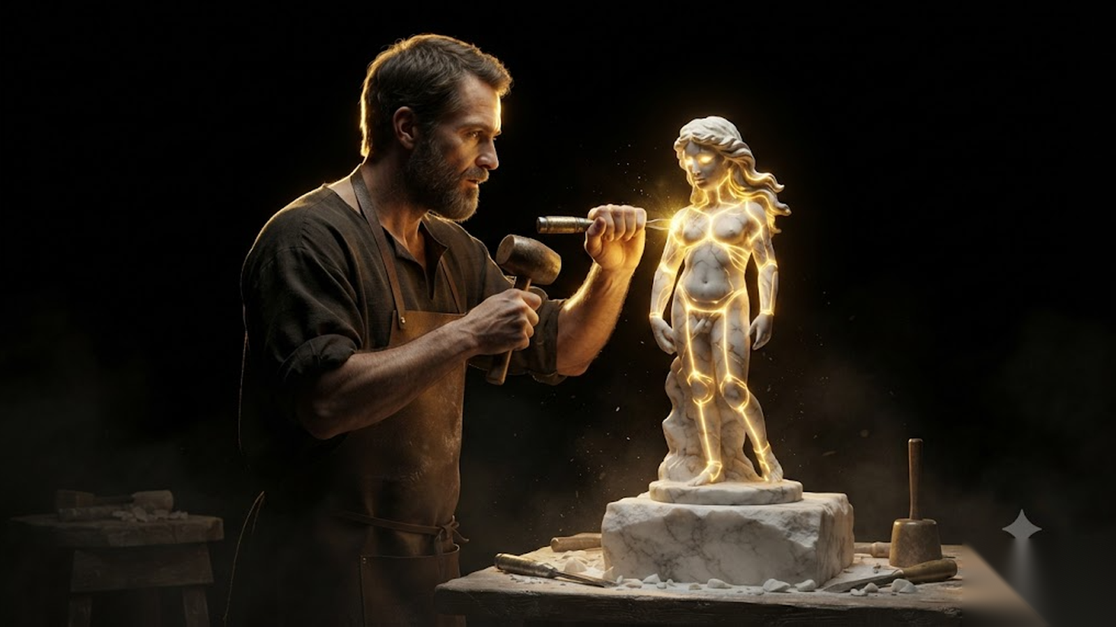 PYGMALION, a Mickai cooperative brain rendered as a Greek figure in gold and marble