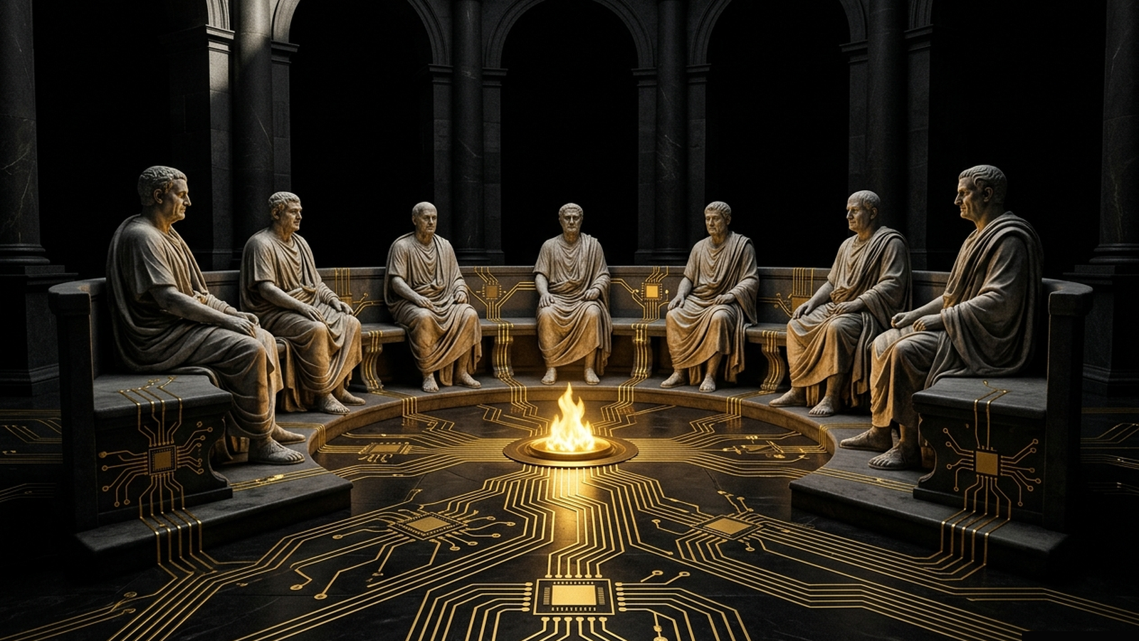 QUORUM, a Mickai cooperative brain rendered as a Greek figure in gold and marble