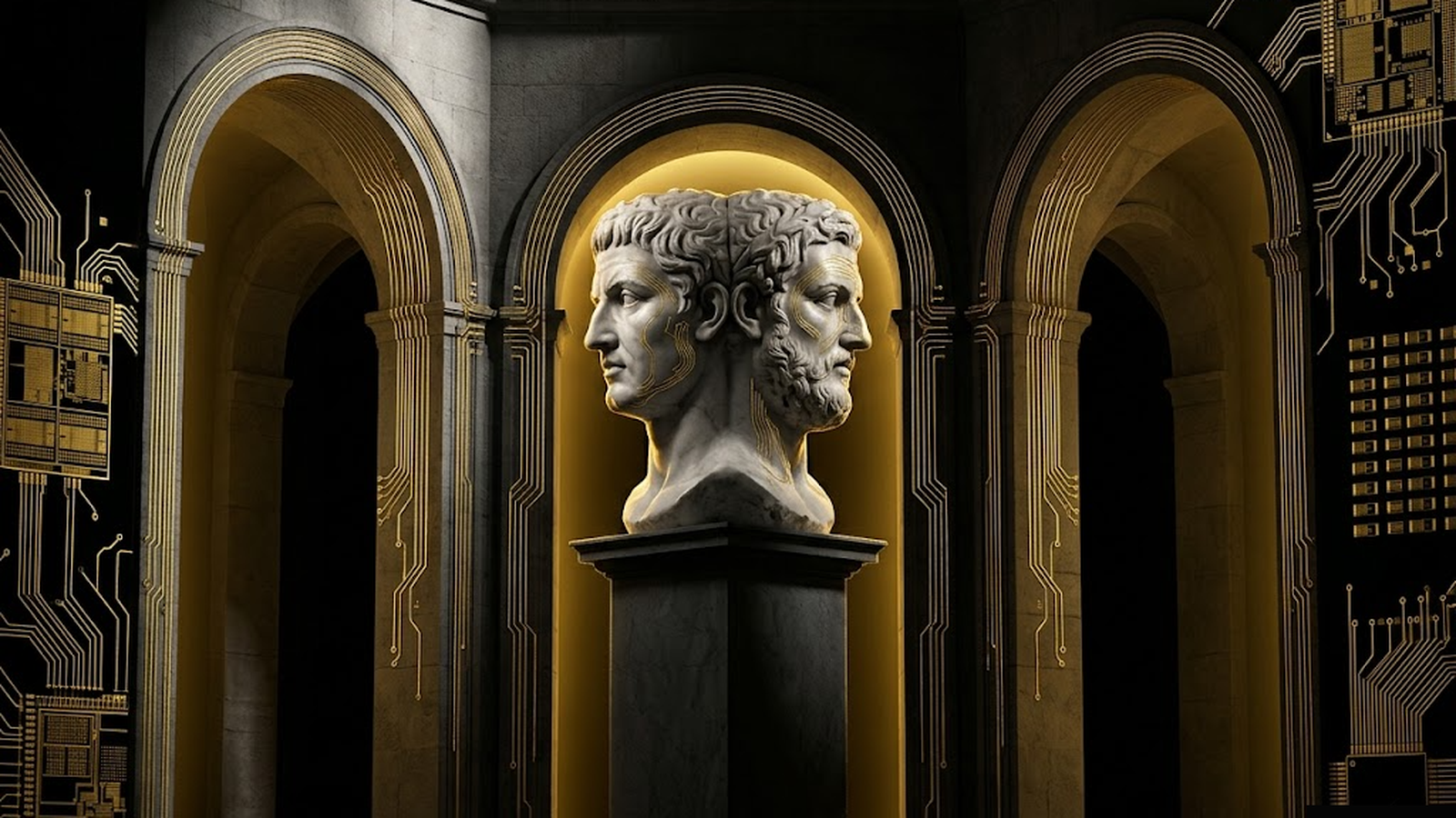 ROUTER, a Mickai cooperative brain rendered as a Greek figure in gold and marble