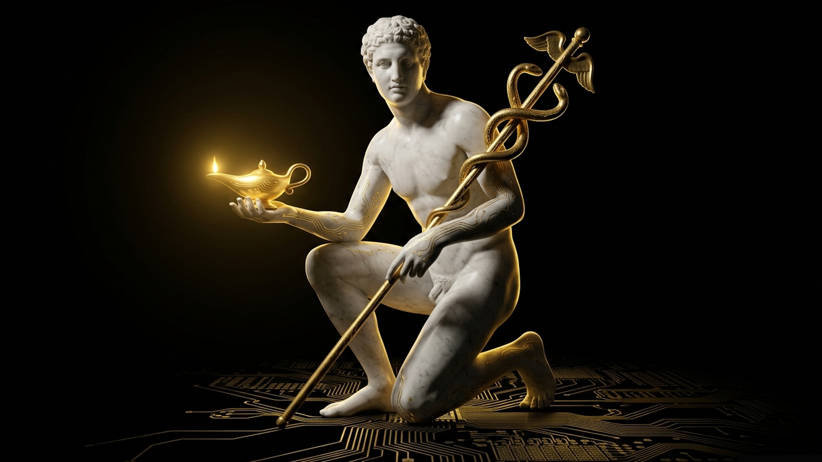 SALVATOR, a Mickai cooperative brain rendered as a Greek figure in gold and marble