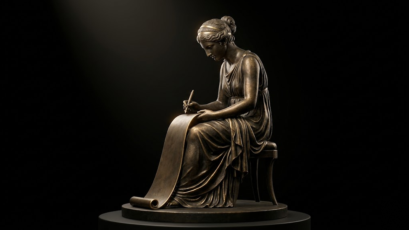 Scriptorium, the long-form authorship studio, as a marble Greek writing hall