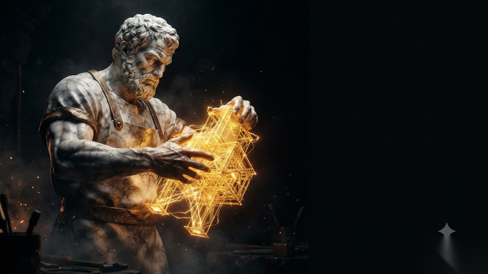 TEKTON, a Mickai cooperative brain rendered as a Greek figure in gold and marble