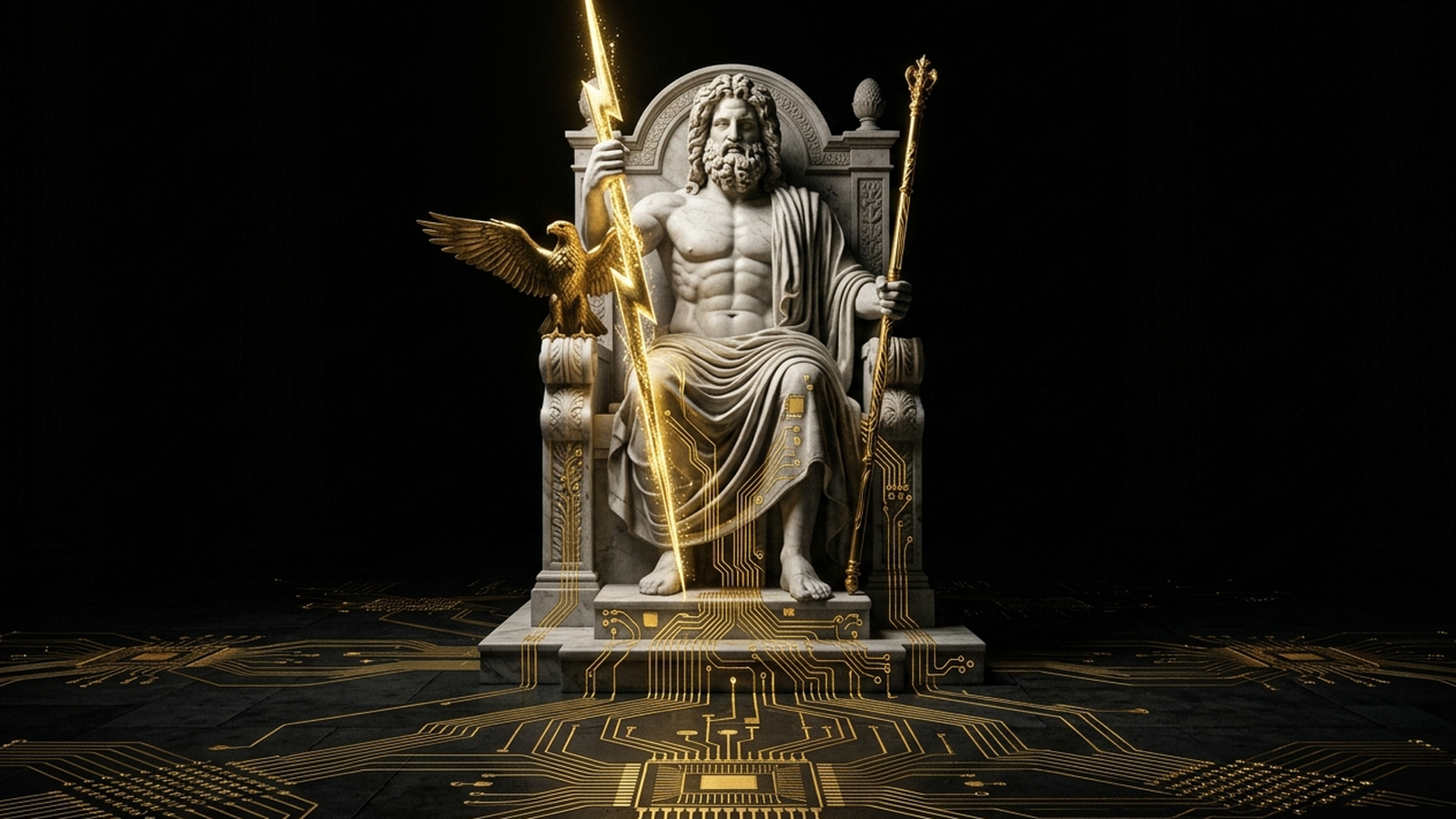 ZEUS, a Mickai cooperative brain rendered as a Greek figure in gold and marble
