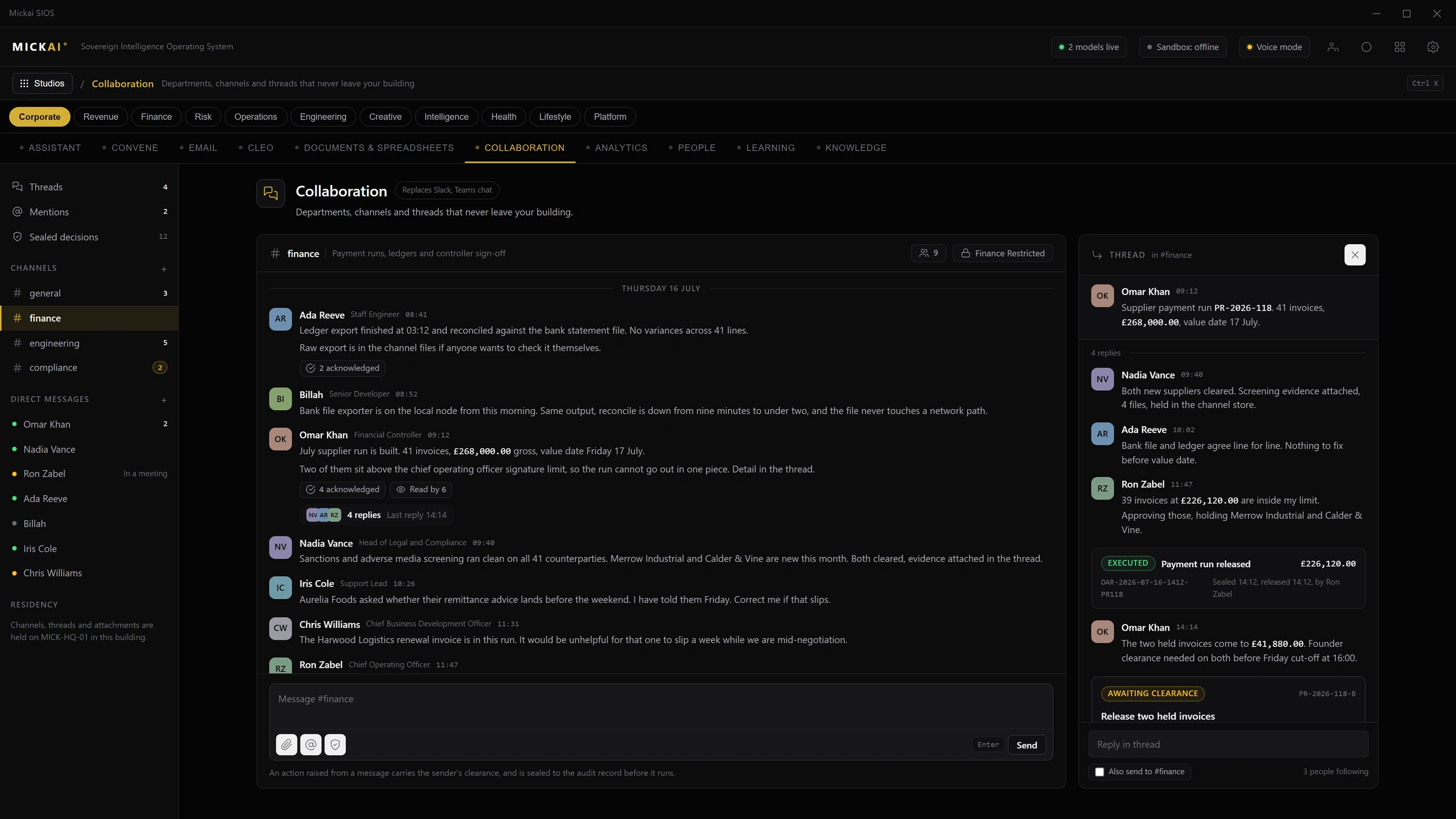 The Mickai SIOS Collaboration studio showing a team thread that resolves into a sealed, executed payment run.